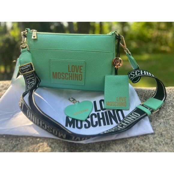 LOVE MOSCHINO Crossbody Bag PU Leather Branded Charms Zip Closure w/Dusty - Picture 4 of 15